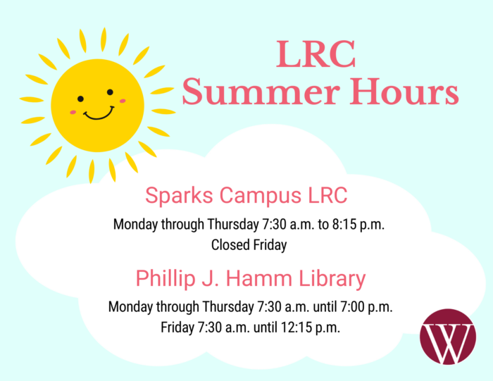 A cheerful summer-themed graphic with a smiling sun and a cloud displaying the LRC Summer Hours. It includes the following text: LRC Summer Hours Sparks Campus LRC Monday through Thursday 7:30 a.m. to 8:15 p.m. Closed Friday Phillip J. Hamm Library Monday through Thursday 7:30 a.m. until 7:00 p.m. Friday 7:30 a.m. until 12:15 p.m. The Wallace Community College logo appears in the bottom right corner. The background is light blue.