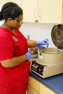 WCCD medical assisting student placing blood vials in centrifuge