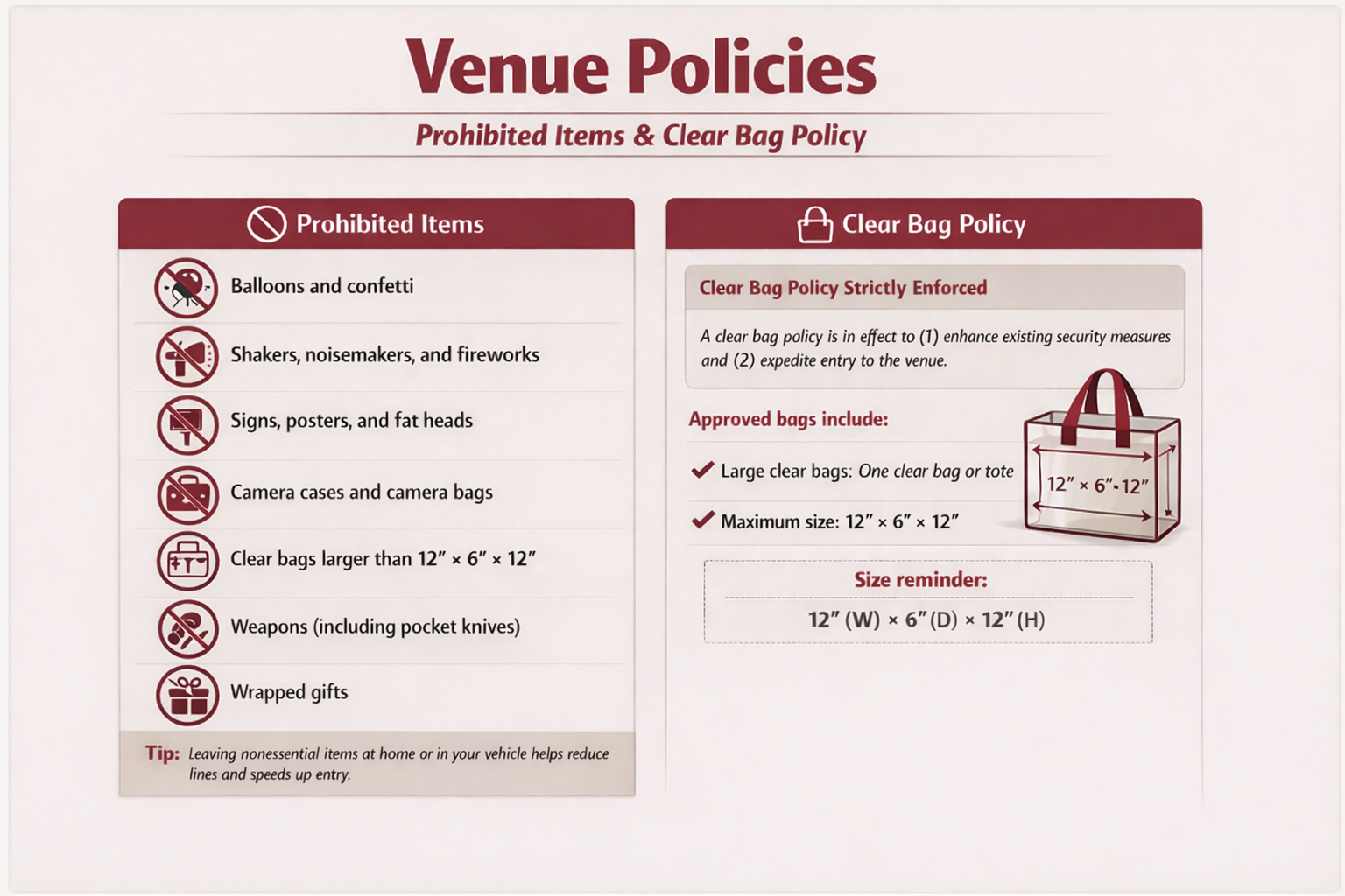 Wallace Community College venue policies infographic showing prohibited items and clear bag policy guidelines.