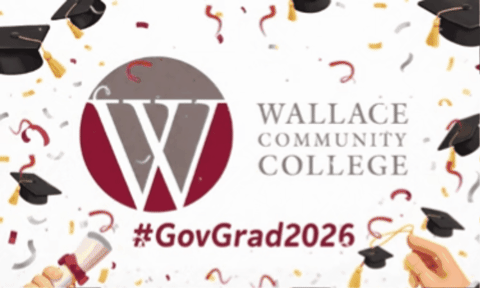 Wallace graduation confetti and caps graphic.