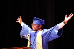 WCCD 2026 Adult Education Salutatorian Ja’Taryin Jones celebrates at the conclusion of his graduation ceremony address.